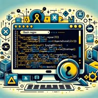 Bash script with regex operations showcasing pattern matching symbols and search icons emphasizing advanced text matching