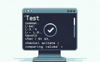 Digital illustration of a Linux terminal using the test command demonstrating file existence checks and value comparisons