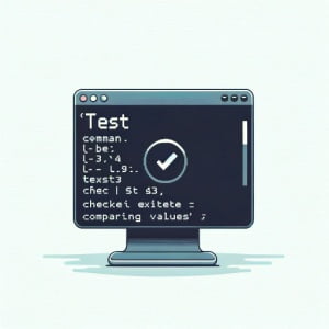 Digital illustration of a Linux terminal using the test command demonstrating file existence checks and value comparisons