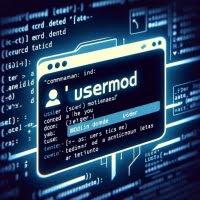 Digital illustration of a Linux terminal using the usermod command to modify a users account details