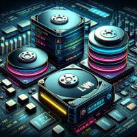 Digital illustration of lvm Logical Volume Manager in a Linux terminal focusing on disk storage management and volume grouping