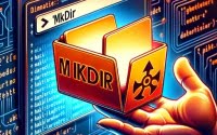 Digital illustration of mkdir command in a Linux interface emphasizing directory creation and system organization