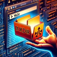 Digital illustration of mkdir command in a Linux interface emphasizing directory creation and system organization