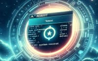 Digital illustration of reboot command on a Linux screen focusing on system restart and operational reset