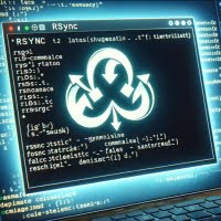 Digital illustration of rsync command on a Linux screen emphasizing data synchronization and file transfer