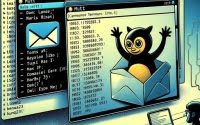 Digital illustration of the mutt email client in a Linux terminal emphasizing email management and communication