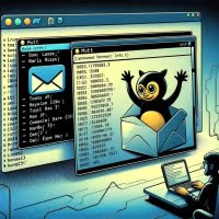 Digital illustration of the mutt email client in a Linux terminal emphasizing email management and communication