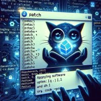 Digital image of Linux terminal using patch command focusing on applying software patches and code updates