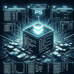 Digital image of Linux terminal using ps command focusing on process status display and system monitoring