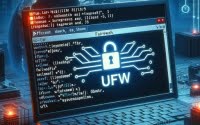 Digital image of Linux terminal with ufw command emphasizing firewall configuration and network security