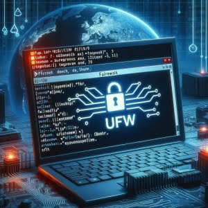 Digital image of Linux terminal with ufw command emphasizing firewall configuration and network security