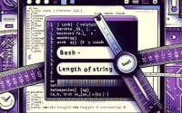 Graphic depiction of measuring length of string in Bash with text length symbols and measuring tape