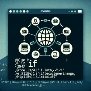 Graphic of Linux interface displaying ifconfig command focusing on network interface configuration and IP address management