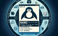 Graphic of Linux interface with nano command focusing on text editing and file modification