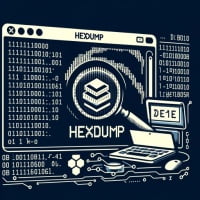 Graphic of Linux screen showcasing hexdump command emphasizing binary data analysis and file content examination