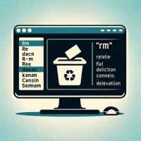 Graphic of Linux screen showcasing rm command emphasizing file deletion and system cleanup