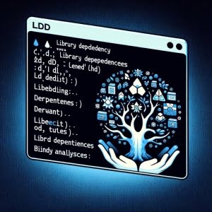 Graphic of Linux screen showing ldd command emphasizing library dependencies and binary analysis