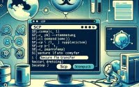 Graphic of Linux screen with scp command focusing on secure file transfer and remote data copying