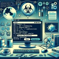 Graphic of Linux screen with scp command focusing on secure file transfer and remote data copying