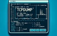 Graphic of Linux terminal with tcpdump command focusing on network traffic analysis and packet capture