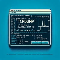 Graphic of Linux terminal with tcpdump command focusing on network traffic analysis and packet capture