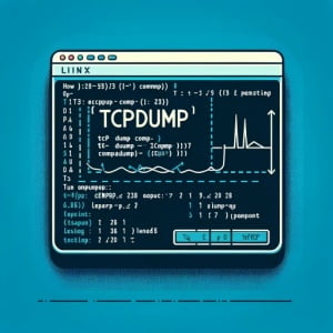 Graphic of Linux terminal with tcpdump command focusing on network traffic analysis and packet capture