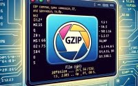 Graphic of a Linux screen displaying gzip command emphasizing file compression and storage optimization