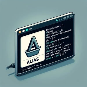 Illustration of a Linux terminal displaying the installation of the alias command for creating command shortcuts
