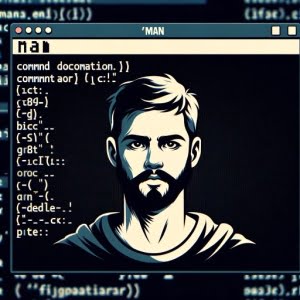 Illustration of man command on a Linux screen emphasizing command documentation and user guide access