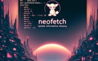 Illustration of the neofetch command on a Linux screen displaying system information and hardware details for system analysis and diagnostics