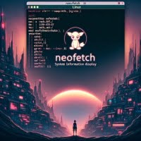 Illustration of the neofetch command on a Linux screen displaying system information and hardware details for system analysis and diagnostics