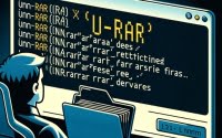 Image of a Linux terminal with the unrar command focusing on extracting files from RAR archives