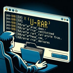 Image of a Linux terminal with the unrar command focusing on extracting files from RAR archives