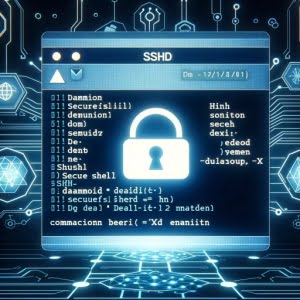 Images showing Linux screen with sshd command focusing on secure shell daemon management and network security