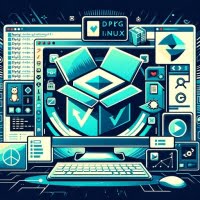 Linux interface illustrating dpkg for Debian package management with package installation symbols and software management icons underlining package control