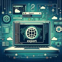 Linux interface illustrating export for environment variables with variable assignment symbols and global access icons emphasizing configuration management