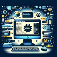 Linux screen displaying env for environment variable management with variable setting symbols and configuration icons emphasizing system control