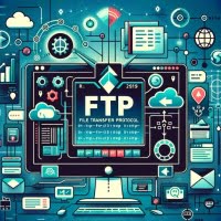 Linux terminal demonstrating ftp for file transfer protocol accentuated with network connection symbols and data transfer icons symbolizing file sharing