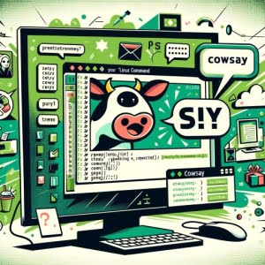 Linux terminal displaying cowsay for quirky messages using cartoon cow symbols and speech bubbles symbolizing playful interactions