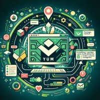 Linux terminal displaying the yum command for package management with software package icons and update process symbols