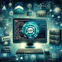 Linux terminal managing the ARP cache with the arp command featuring network interface symbols and cache management icons