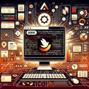 Linux terminal screen using the awk command for text processing with text parsing symbols and data analysis icons