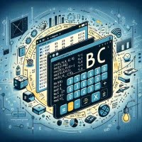 Linux terminal showing the bc command for calculator operations with mathematical symbols and calculation icons