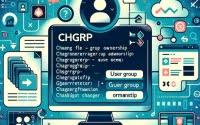 Linux terminal using chgrp for group ownership emphasized with user group icons and file transfer symbols