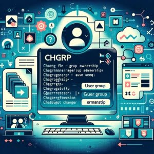 Linux terminal using chgrp for group ownership emphasized with user group icons and file transfer symbols