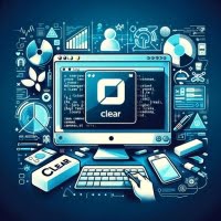 Linux terminal using clear for screen reset highlighted by refresh symbols and screen wipe icons symbolizing clarity and organization