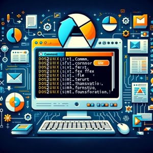 Linux terminal using dos2unix for text file format conversion highlighted by file conversion symbols and focusing on file standardization