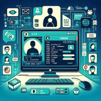 Linux terminal using finger for user information display with profile icons and user data symbols focusing on user lookup and management