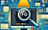 Linux terminal with fd command for file searching highlighted by search magnifying glass symbols and file directory icons emphasizing efficient file discovery