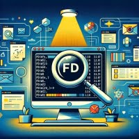 Linux terminal with fd command for file searching highlighted by search magnifying glass symbols and file directory icons emphasizing efficient file discovery